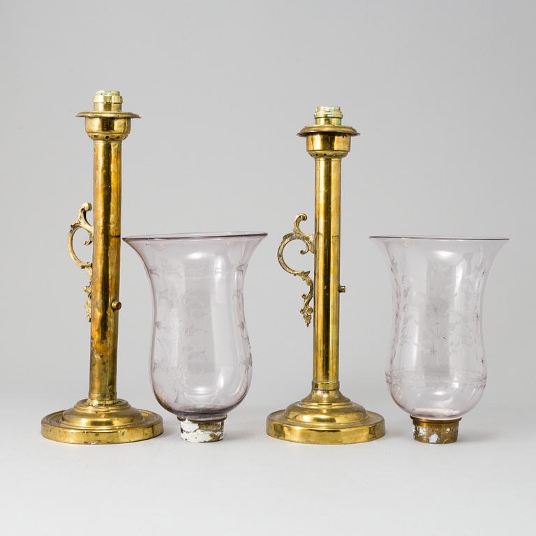 CANDLESTICKS, a pair, brass and glass, ca 1900.