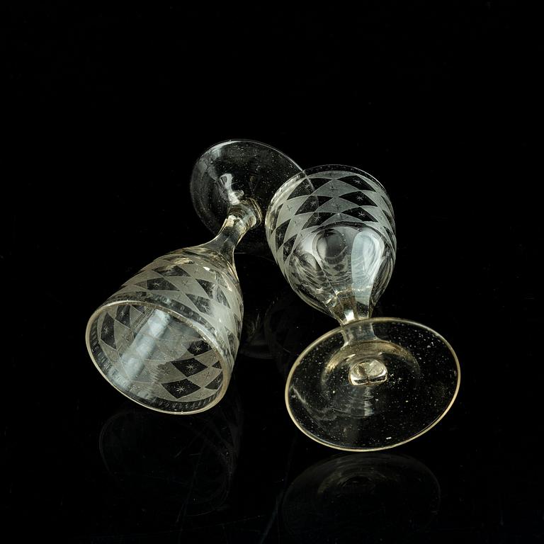 Eight late Gustavian wine glasses, circa 1800.