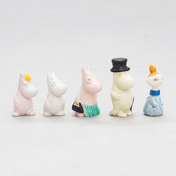 Leo Tykkyläinen, five 1950s ceramic Moomin figurines, Finland.