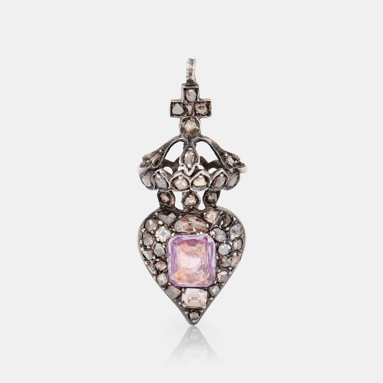 HÄNGE, troligen 1700-tal, rosa topas ca 3.65 ct med taffelslipade och rosenslipade diamanter.