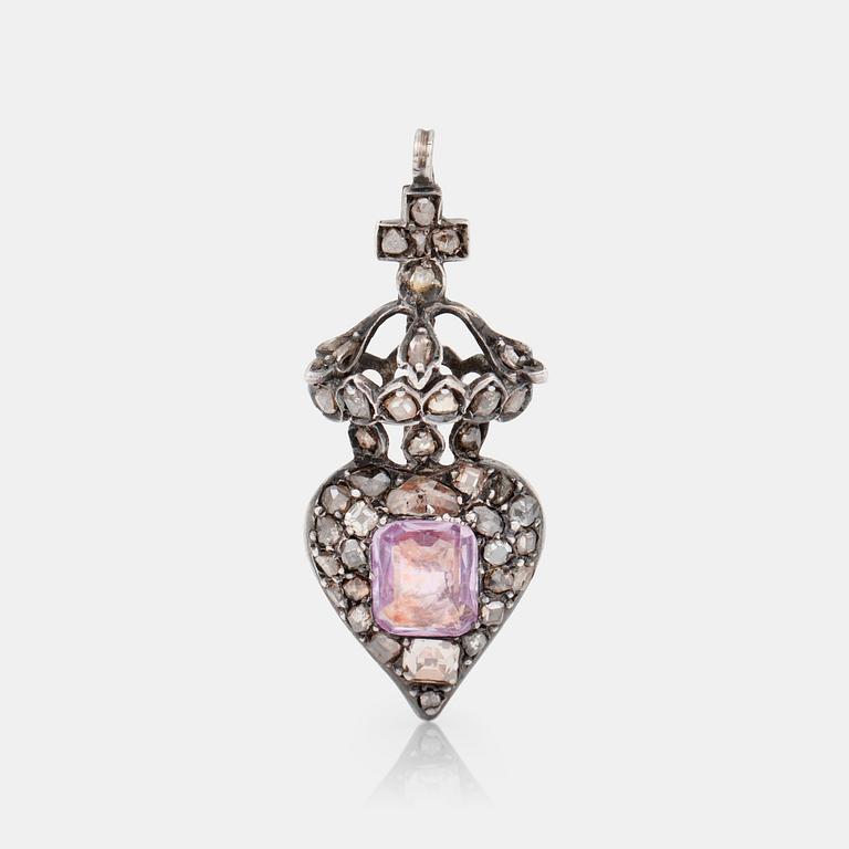 A possibly 18th century pink topaz, circa 3.65 ct, and table- and rose-cut diamond pendant.