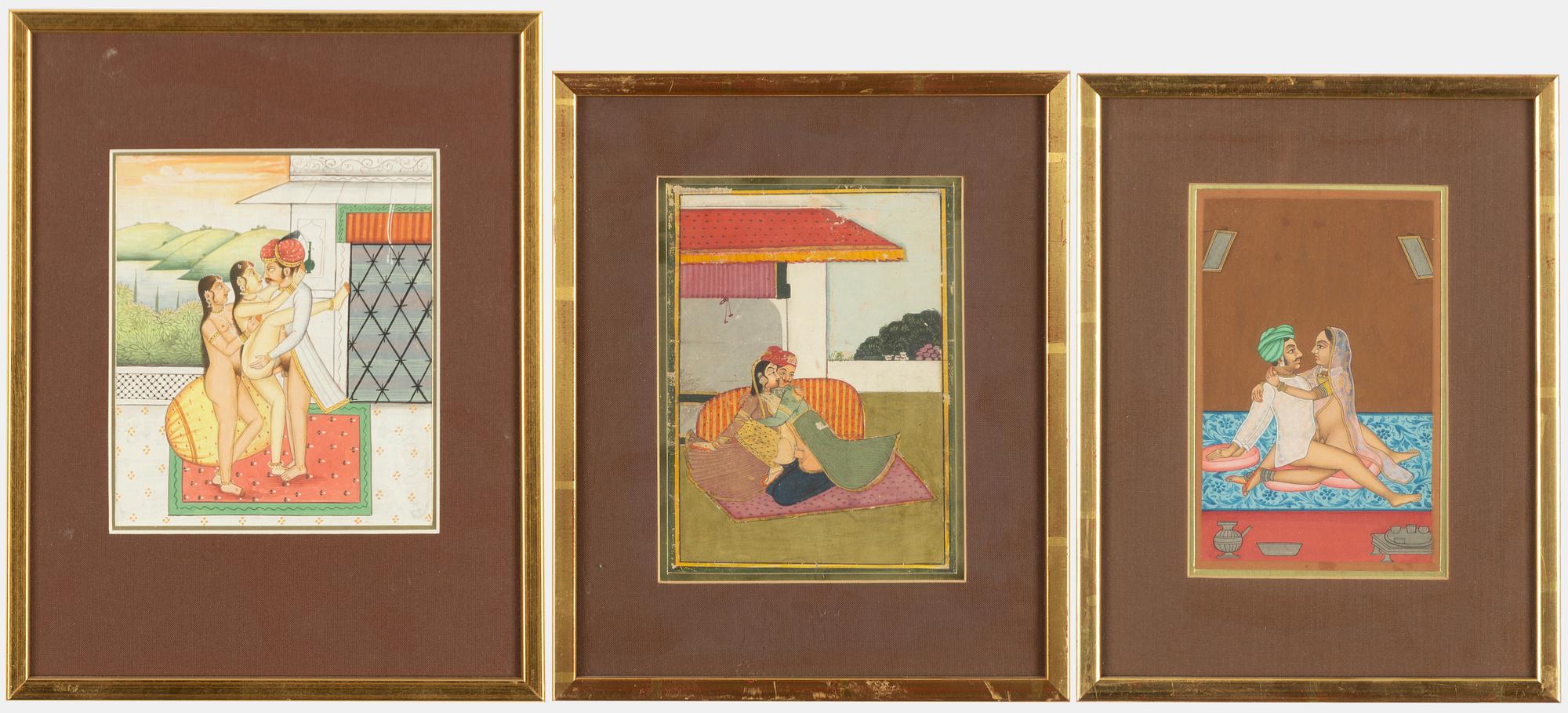 Oidentifierad konstnär, Erotiska scener, Indien, 1900-tal. Tre stycken.