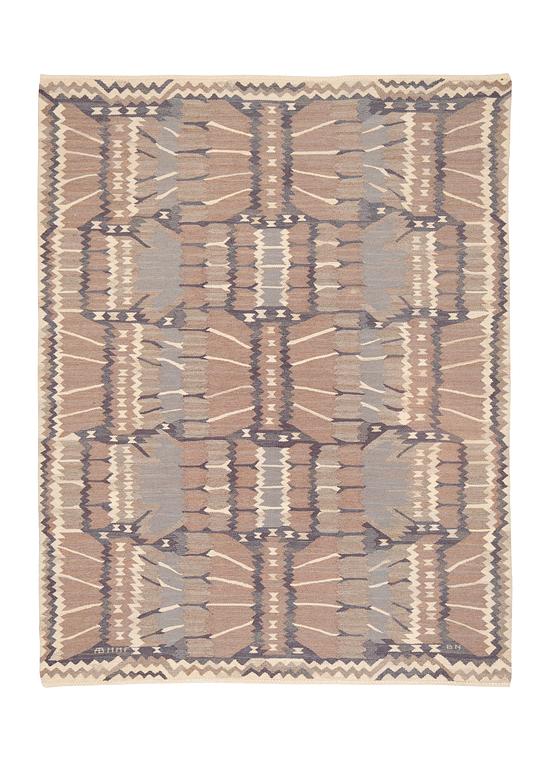 Barbro Nilsson, A carpet, "Strålblomman grå", flat weave, ca 282,5 x 216 cm, signed AB MMF BN.