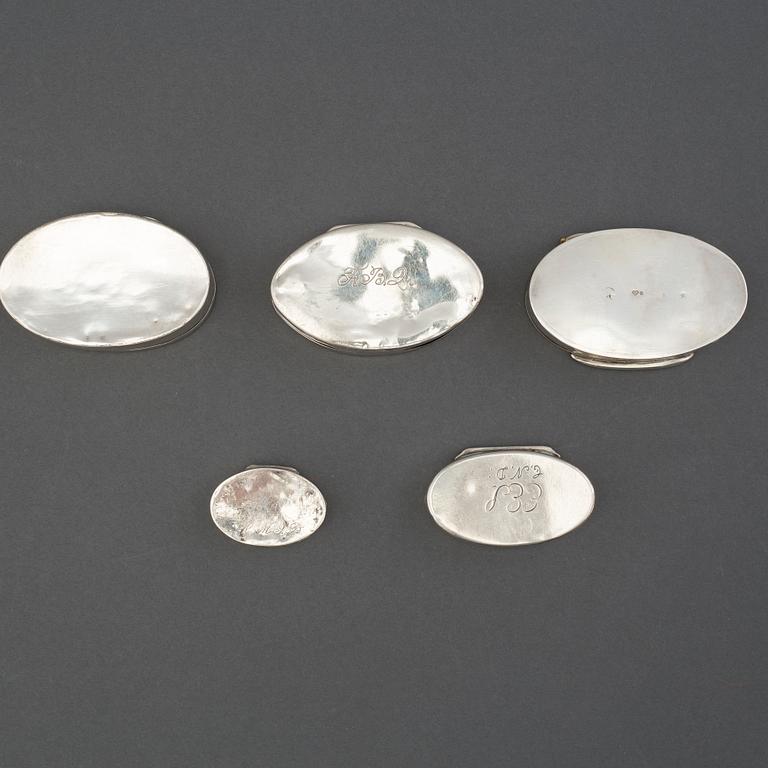 A set of five swedish silver boxes, mid 19th century.