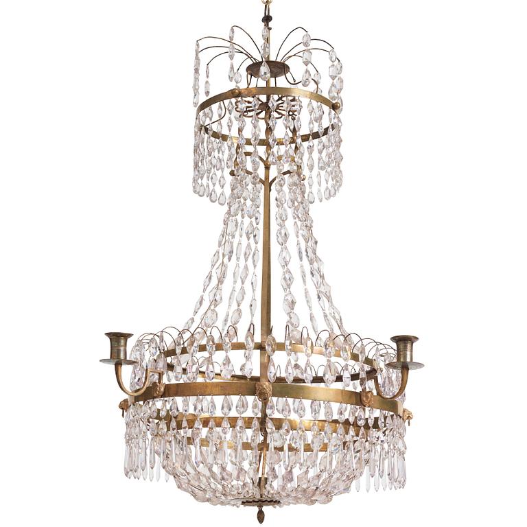 A late Gustavian five-light gilt brass chandelier, late 18th century.