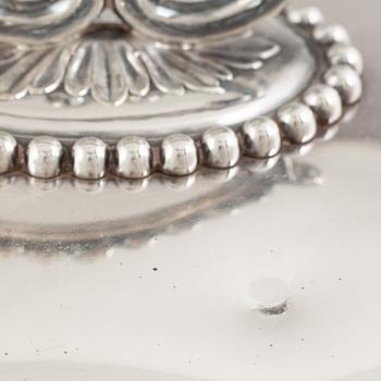 A silver plate food dome cover, Atkin Brothers, Sheffield, England, and a dish, circa 1900.