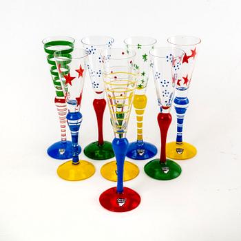 Anne Nilsson, a set of eight signed handpainted snaps glass from Orrefors.