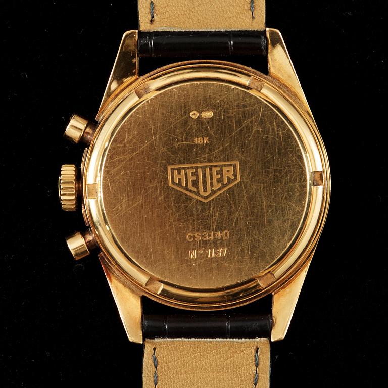 Heuer (TAG Heuer) - Carrera 1964. Automatic. Chronograph. Gold / leather strap. Cert and Box. 35mm.