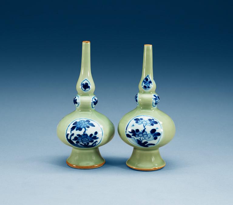 A pair of blue and white celadon ground water sprinklers, Qing dynasty, Kangxi (1662-1722).