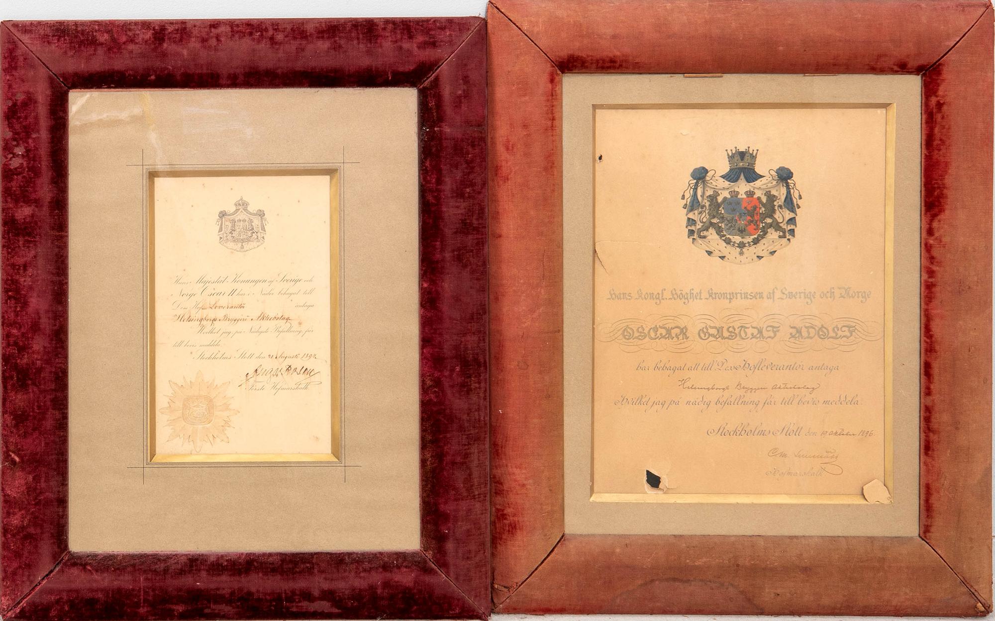 Court supplier letters 2 pcs for Helsingborgs Bryggeri Aktiebolag dated 1894 and 1896.