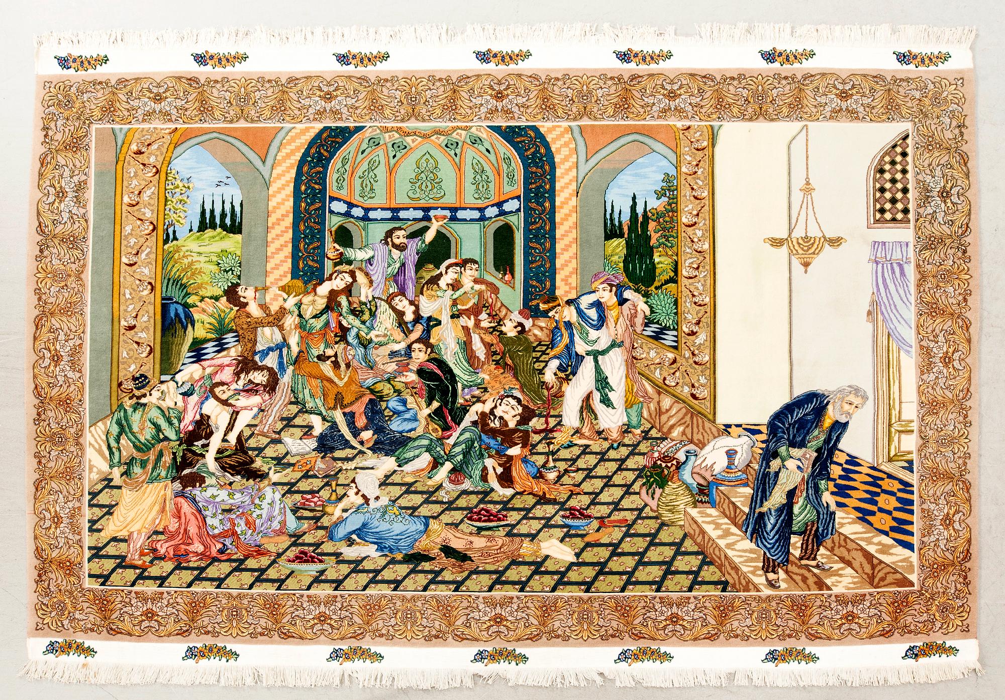 An old Tabris part relief carpet approx 212x300 cm.