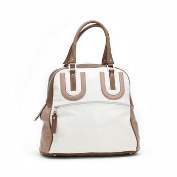 LONGCHAMP, a brwon, beige and white leather handbag, limited edition.