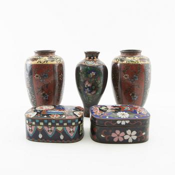 Vases 3 pcs and boxes with lids 2 pcs China 20th century first half/mid cloisonné works.