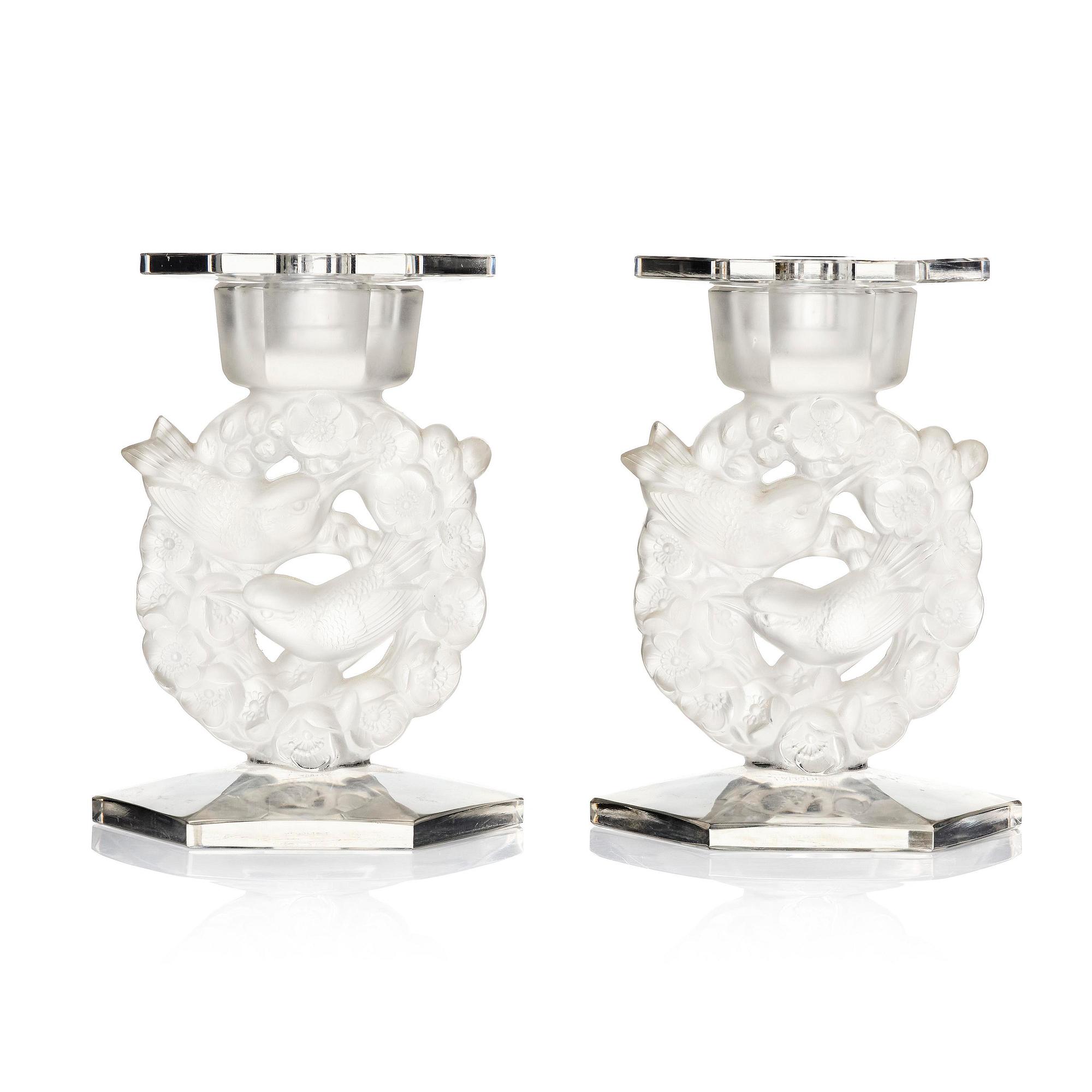 René Lalique, a pair of “Mésanges” cast glass candlesticks, France, post-1943.
