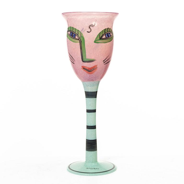 Ulrica Hydman-Vallien, eight 'Open Minds' wine glasses, Kosta Boda Artist Collection.