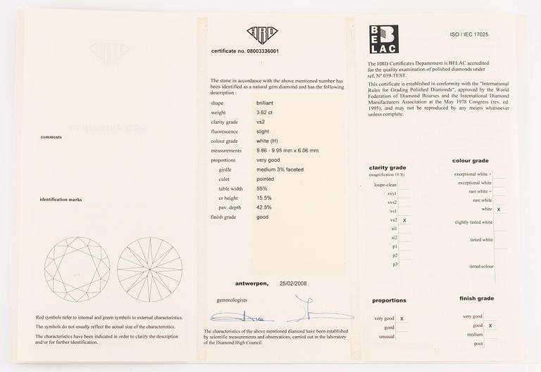 A ring in 18K white gold set with a round brilliant-cut diamond 3.62 ct H vs2.