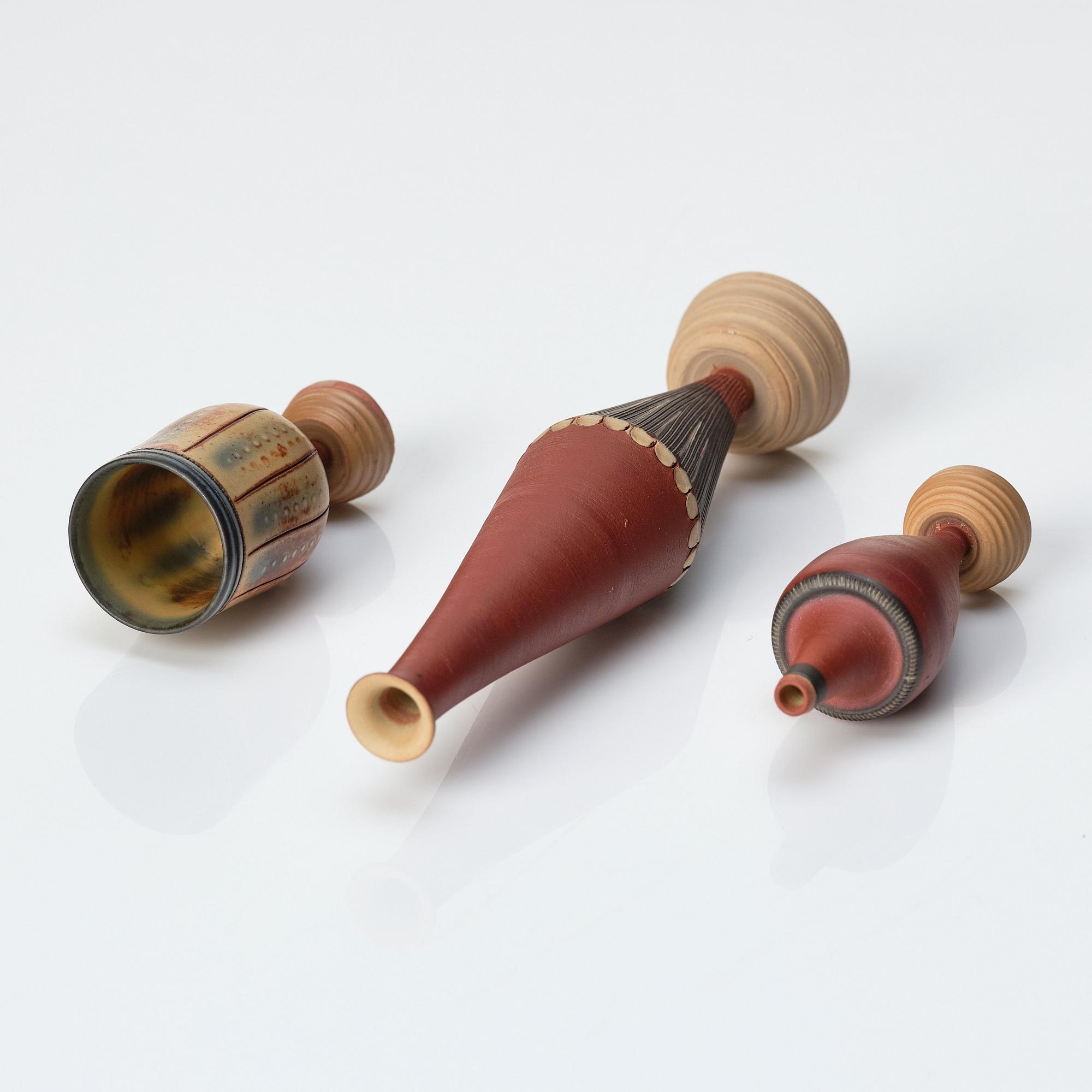 Wilhelm Kåge, a set of three miniature  'Farsta Spirea' stoneware vases, Gustavsberg studio, Sweden, one dated 1958.