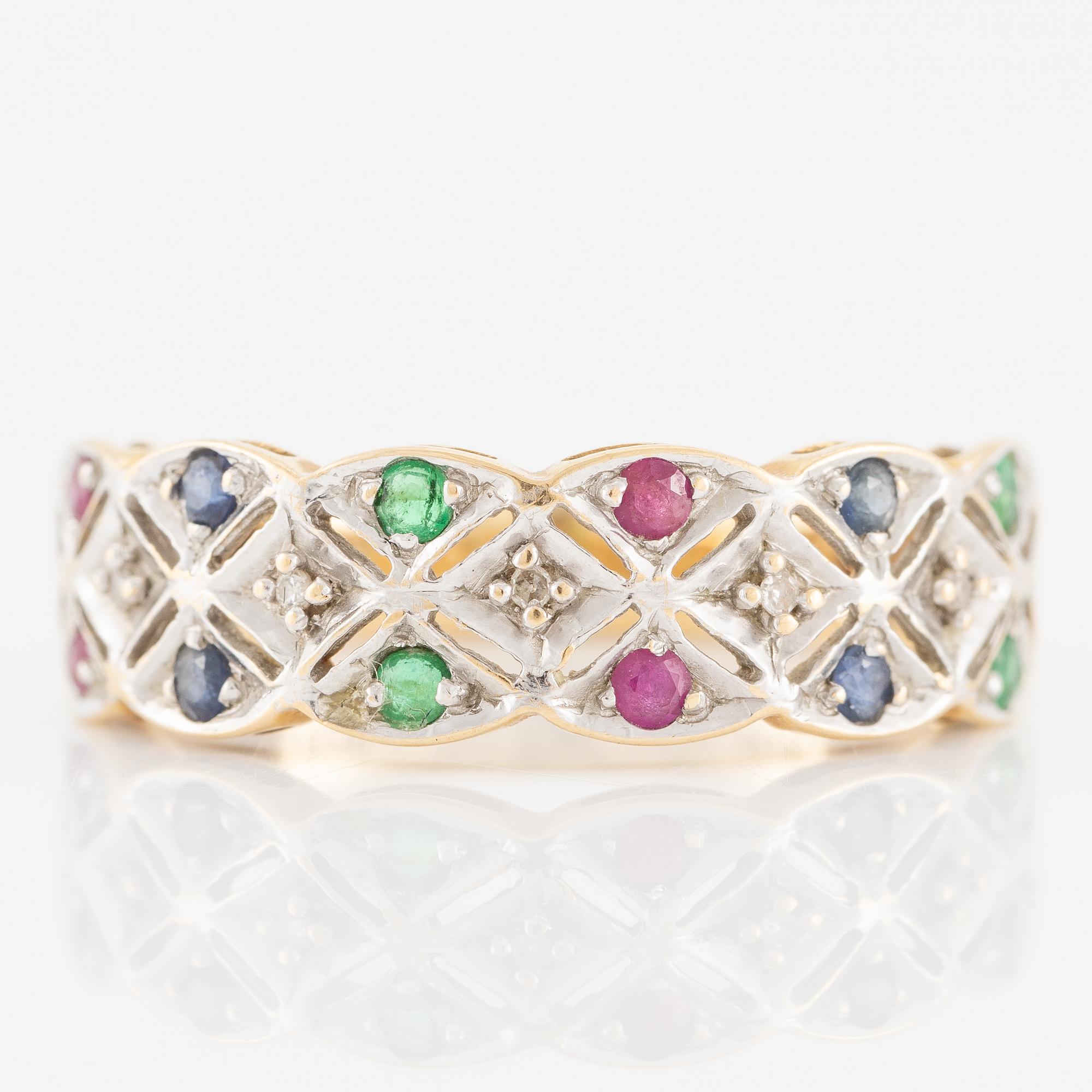 Ring, 18K gold with emeralds, rubies, sapphires, and small diamonds.