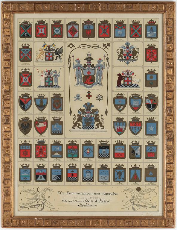 RAM MED PLANSCH ÖVER FRIMURARPROVINSENS LOGEVAPEN, utgiven av Ax Seiersen, Malmö, 1927.