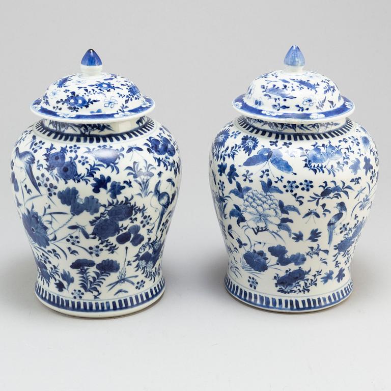 A pair of blue and white vases.