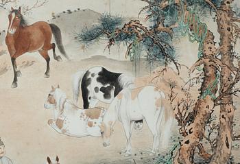 MÅLNING. Sen Qing dynastin (1644-1912). Landskap med hästar och herdar.
