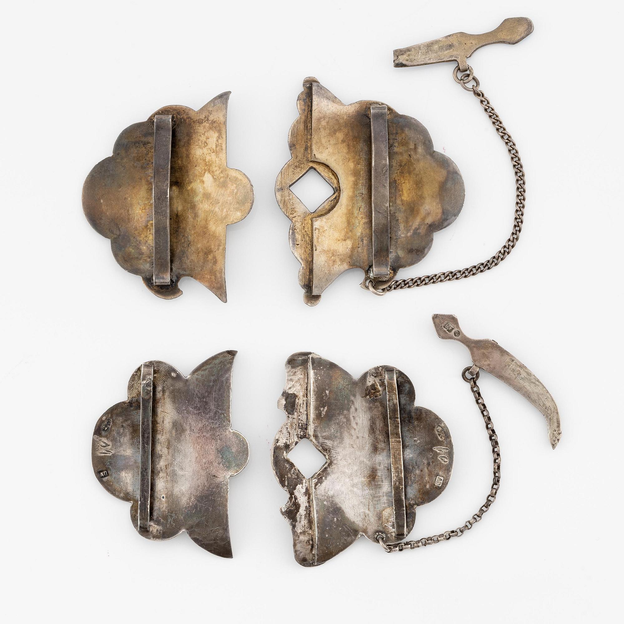 Costume jewellery and a kovsh, silver, three pieces, Russia.