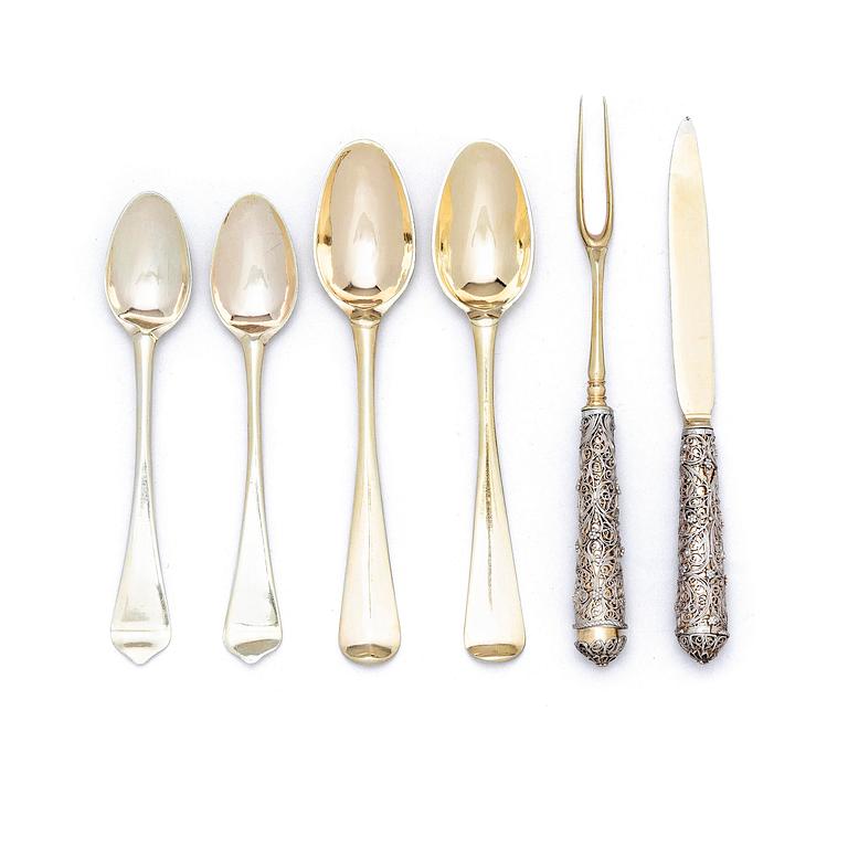 A possibly German 17/18th century parcel-gilt silver and filigree six-piece travel cutlery, unmarked, and leather case.