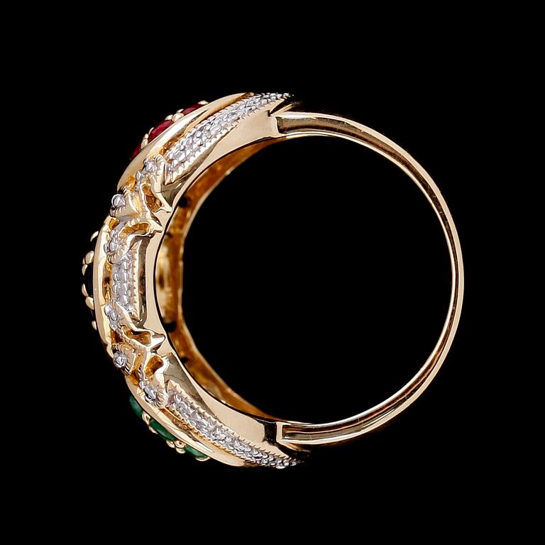 RING, 10 k guld, smaragder, rubiner, safirer, diamanter.