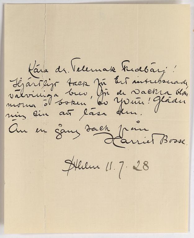 HARRIET BOSSE (1878-1961), egenhändigt brev med kuvert, dat Stockholm 11.7. -28.