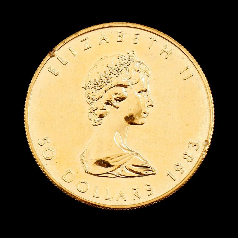 GULDMYNT, fine gold, 50 dollar, Elizabeth II, Canada, 1983. Vikt ca 31 gram.
