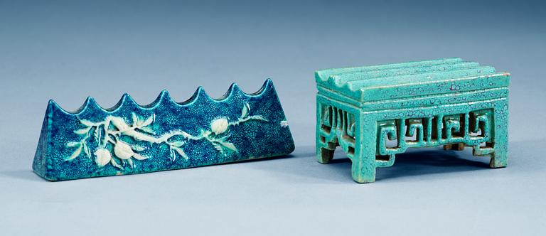 Two robins-egg glazed brush rests, Qing dynasty.