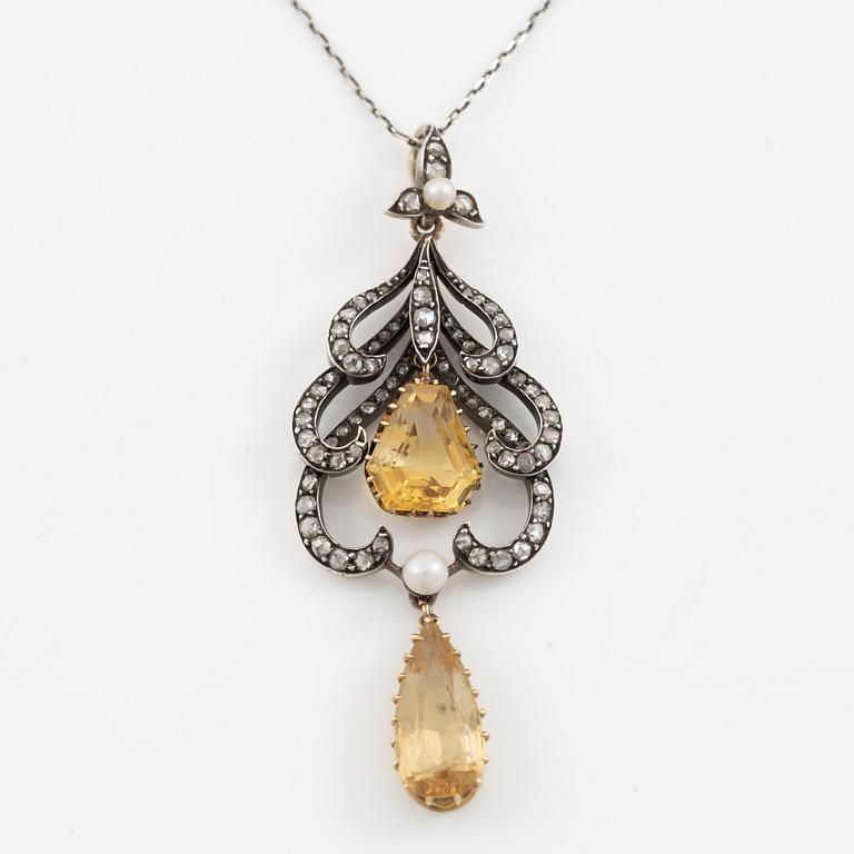 Pendant with chain, featuring citrines, pearls, and rose-cut diamonds.