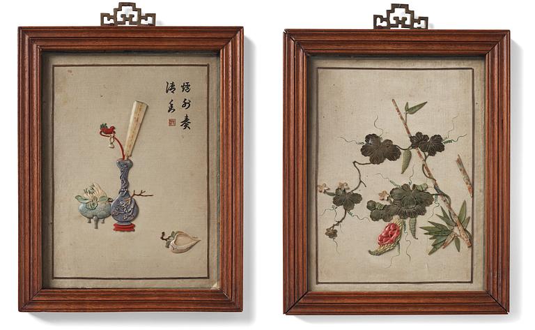 Reliefer, ett par, sten och siden. Qingdynastin (1644-1912).