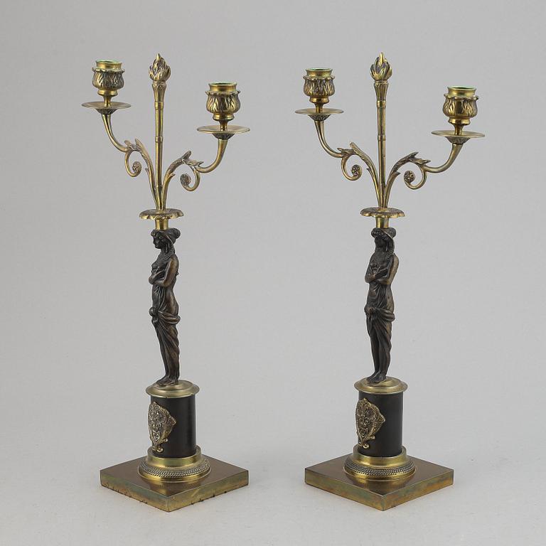 A pair of brass Empire style candle holders, 20th century.