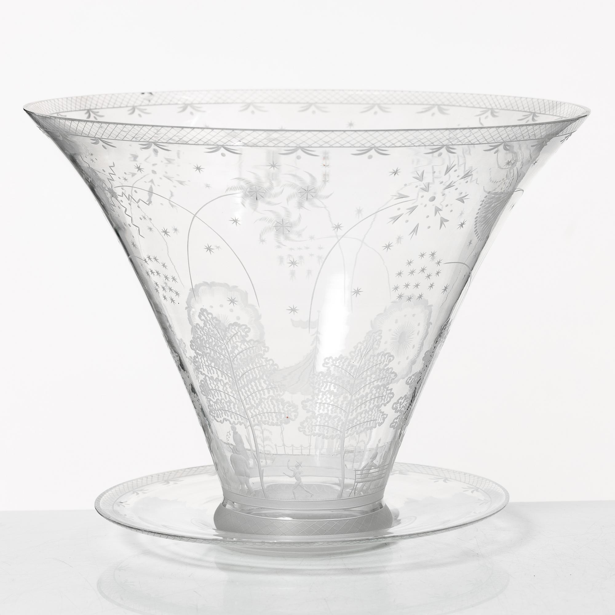 Edward Hald, skål med fat, "Fyrverkeriskålen", Orrefors, 1925.