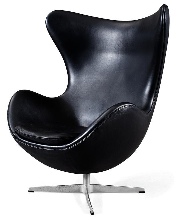 An Arne Jacobsen black leather and steel 'Egg Chair', Fritz Hansen, Denmark 2001.