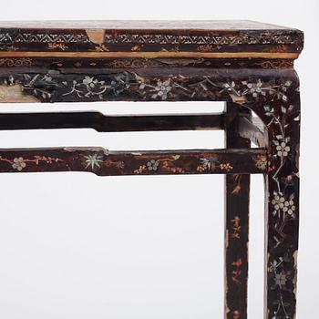 A  Chinese black lacquered altar table with mother of pearl inlay, 17th /18th Century.