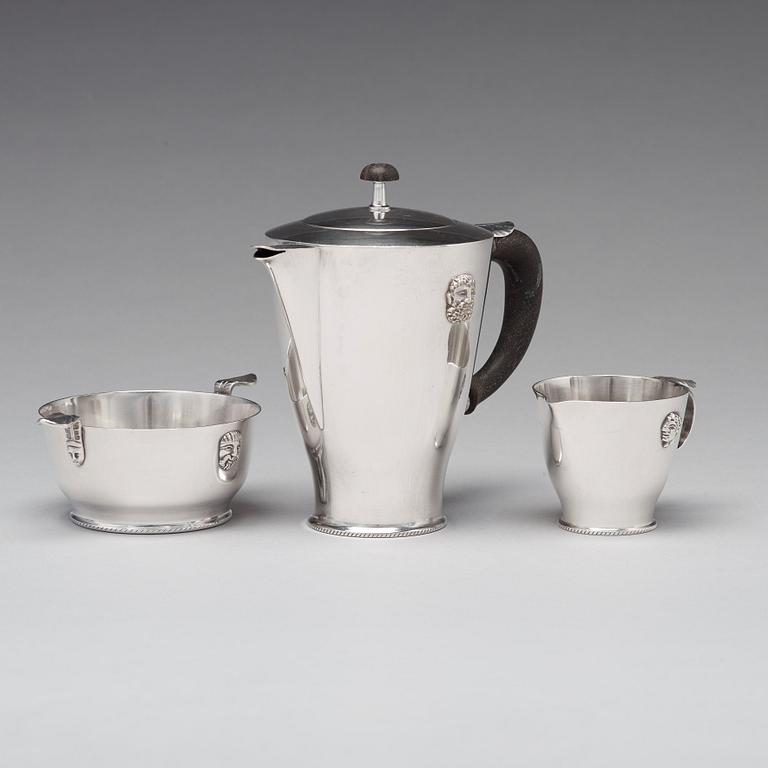 Wolter Gahn, a three pcs coffee service, Swedish Grace, executed by Karl Wojtech, Stockholm 1920's.