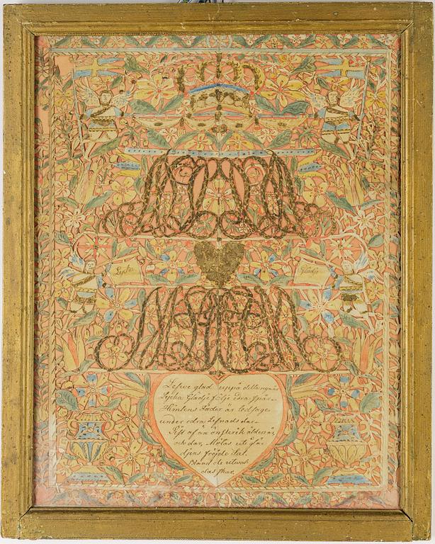 A set of three folk art commemorative paintings, 19th century.