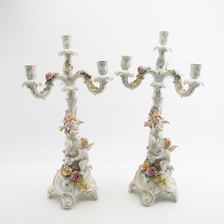 Candelabras a pair Schierholz Germany Rococo style mid-20th century porcelain.