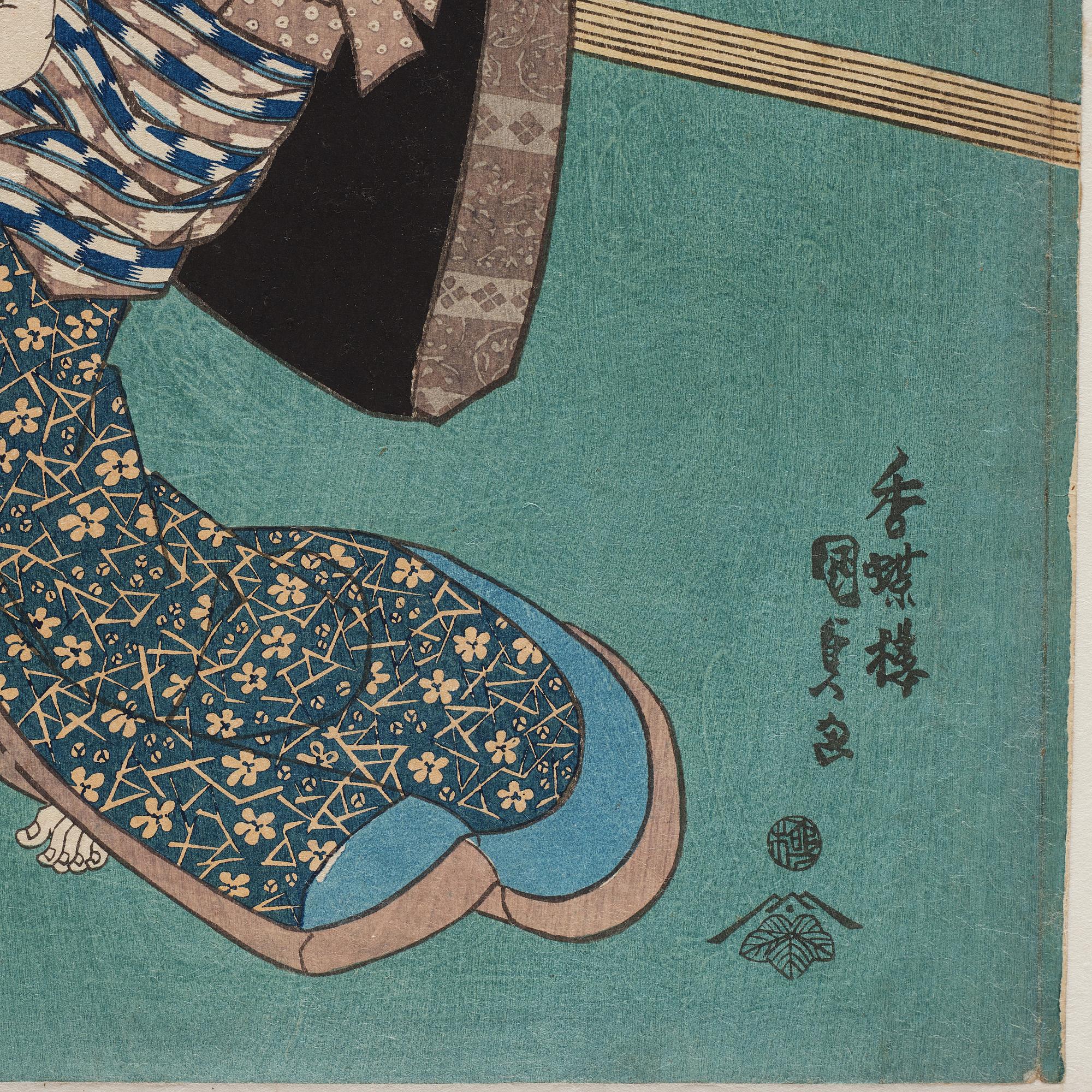 UTAGAWA KUNISADA, även kallad Toyokuni III (1786-1864), triptyk, färgträsnitt. Japan, Eight Views of Edo Figures".