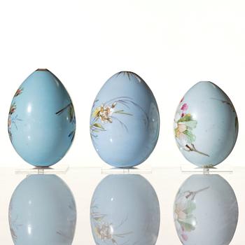 Three Russian porcelain Easter Eggs, circa 1890-1900, presumably Imperial Porcelain Manufactory, St Petersburg.