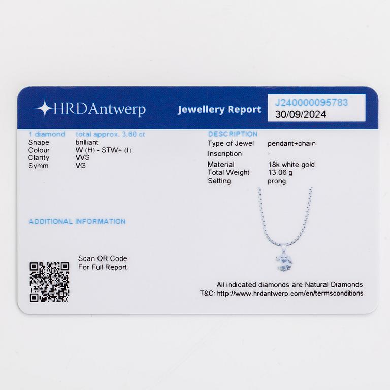 Riipus, briljanttihiottu timantti 3,60 ct, 18K valkokultaa.