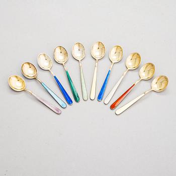 A set of ten enamelled gilt silver spoons, Tillander, Helsinki 1950-57.