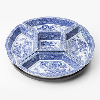 A Japanese blue and white six piece cabaret on a 'lazy Susy', secon half of the 20th century.