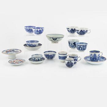 A group of thirteen cups, a bowl and a cup holder, four saucers, partly China and 18th century,