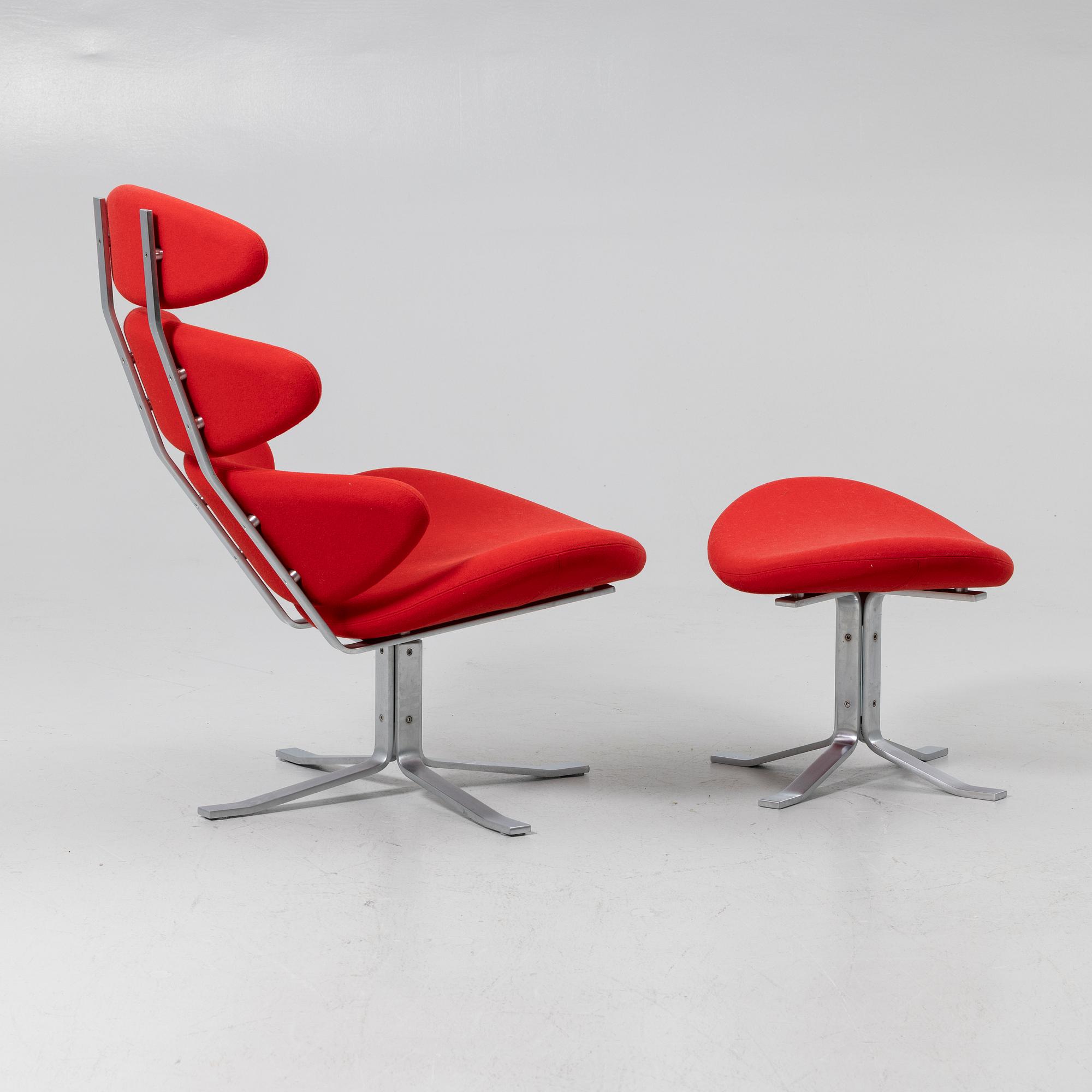 Poul M. Volther, fåtölj med fotpall, modell "EJ 5"/ "Corona Chair", Erik Jørgensen, Danmark.