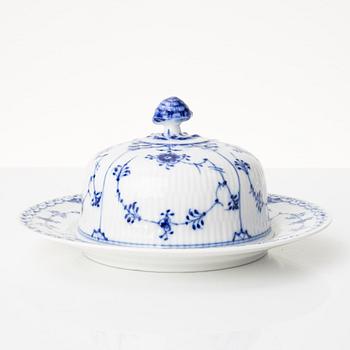 Royal Copenhagen, A 'blue fluted half lace' porcelain butter dish with stand, 1960s.