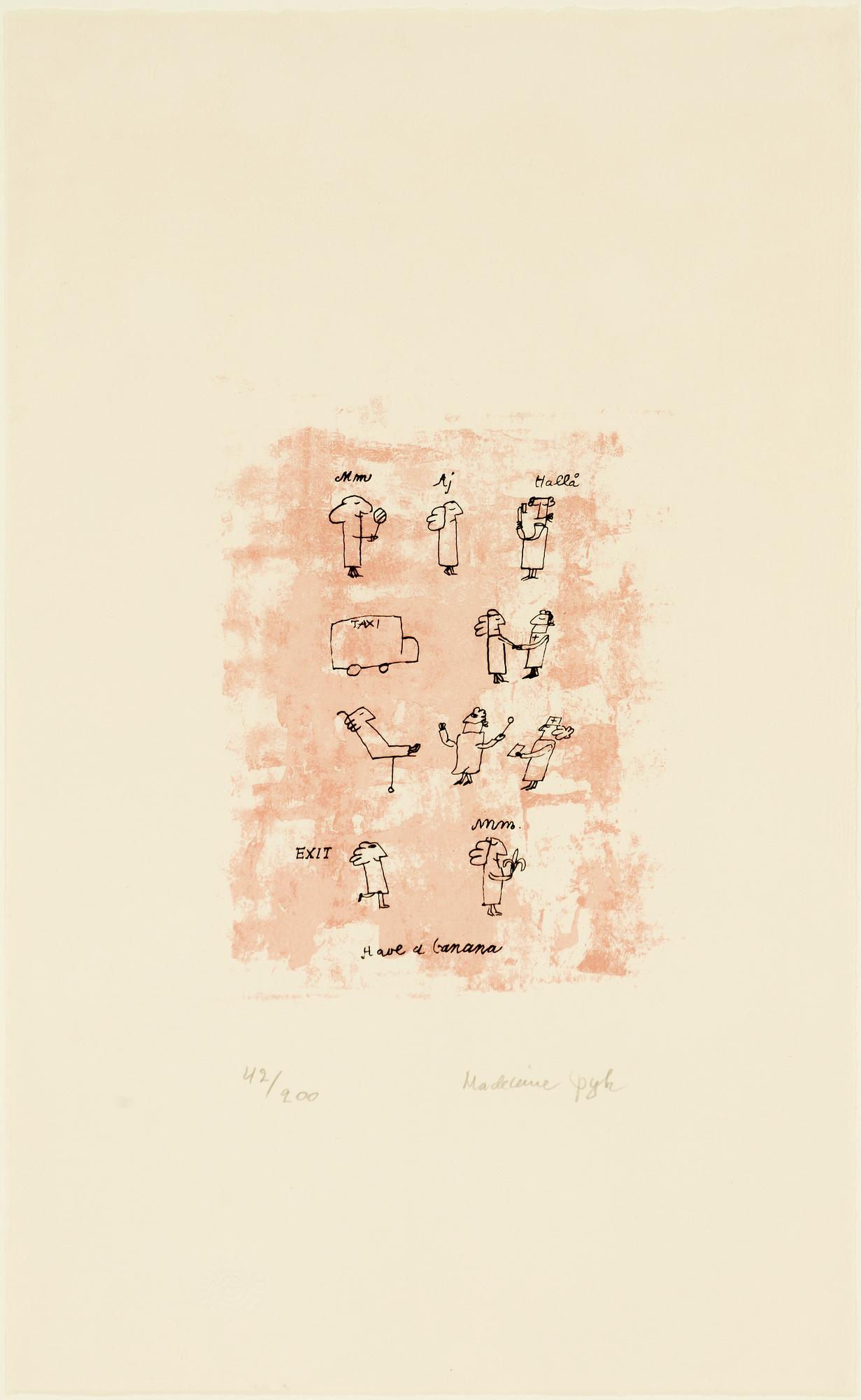 Madeleine Pyk, färglitografier, ett par, "Praktik stängd" och "Have a banana".