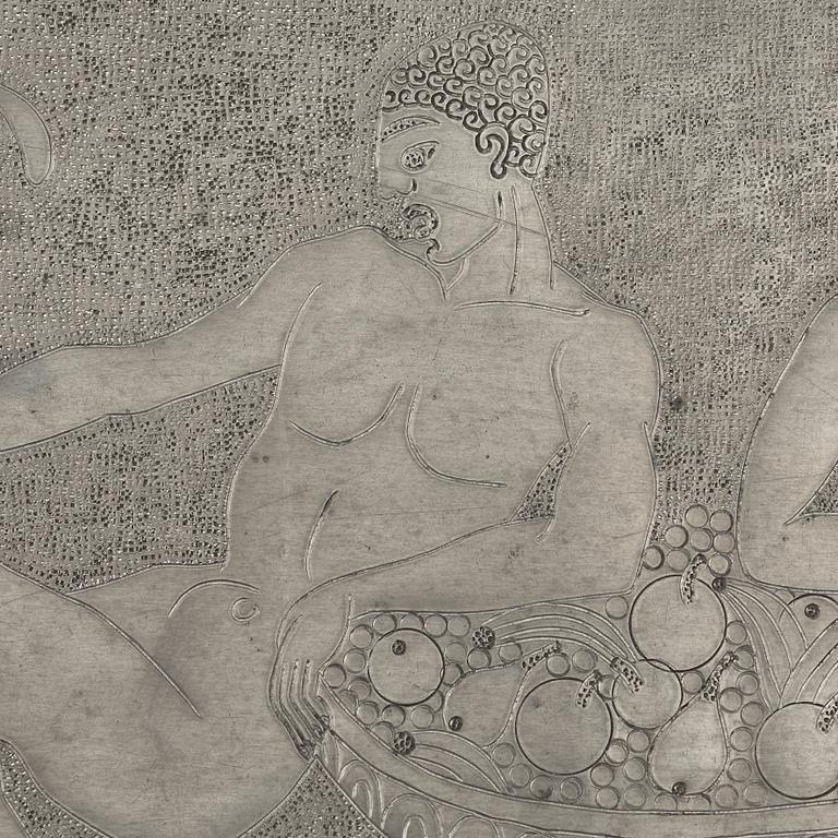 Anna Petrus, an engraved Swedish Grace pewter tray, Stockholm, early 1920's. this model was shown at The Paris Exhibition 1925.